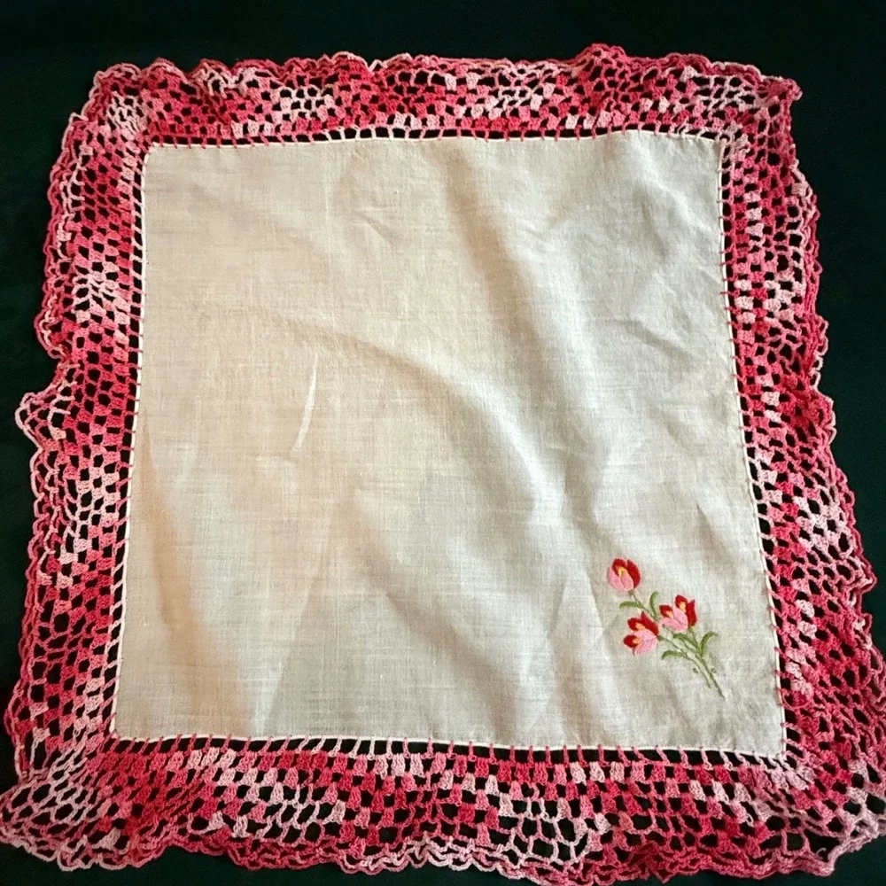 Vintage‎ Floral Handkerchief Set Pink White Lace Embroidered Cotton 3 Piece